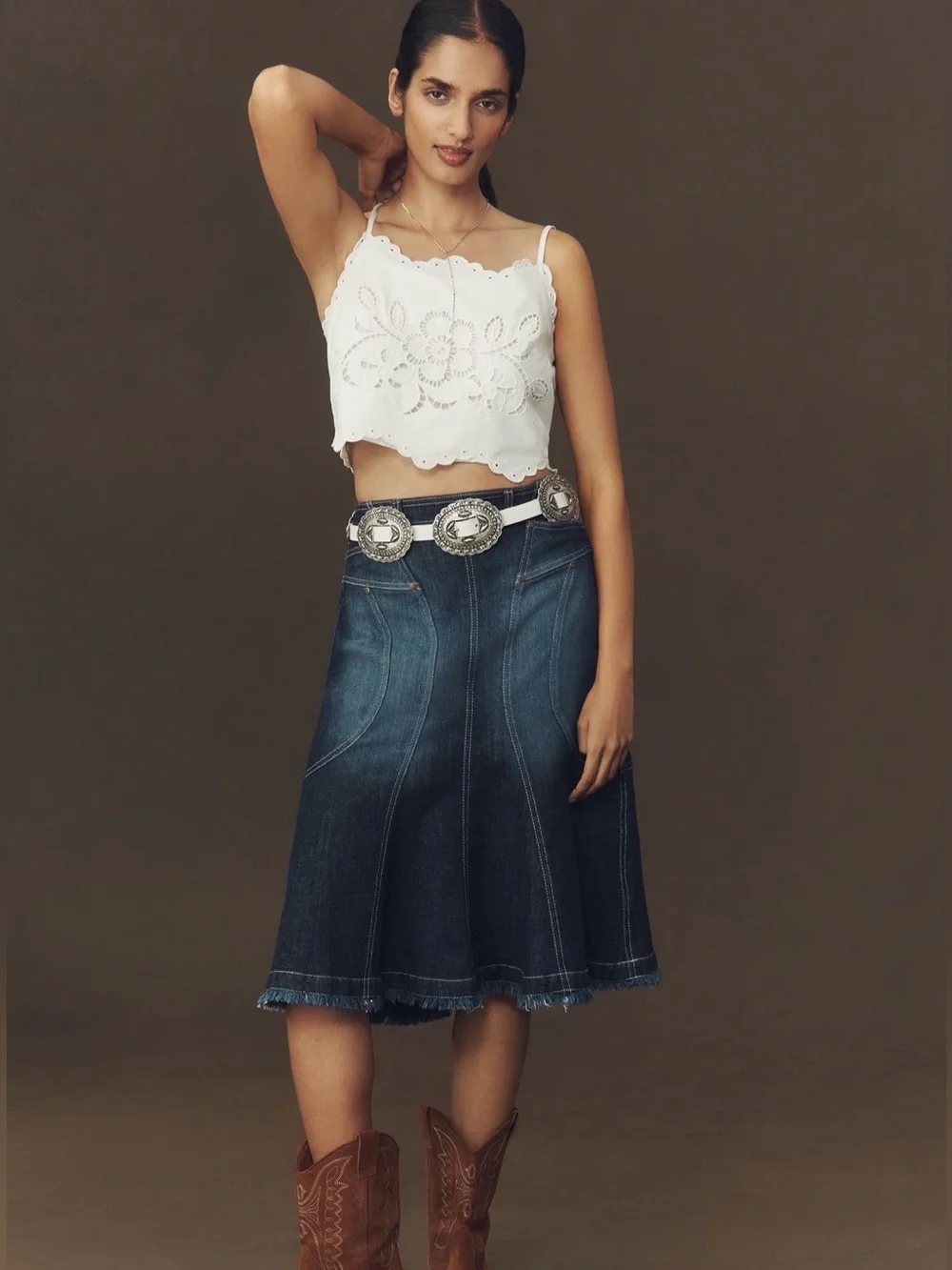 Anthropologie Pilcro Fluted Denim Midi Skirt Dark Wash Western, Women’s 14